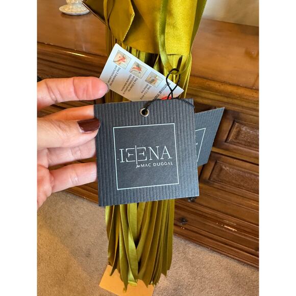 Mac Duggal Pleated Midi Dress Chartreuse Belted V Neck Size 6 NWT - Picture 11 of 13